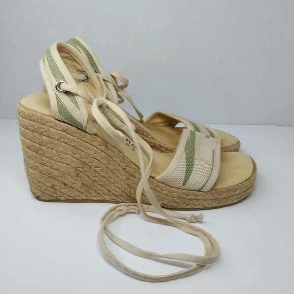Carolina Colours Size 7 Tan Green Espadrille Wedge Y2K Tie Ankles Sandals Shoes - Picture 7 of 12